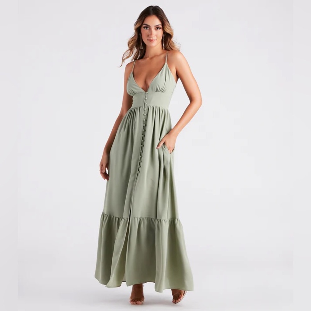 Windsor Sage Green Button Ruffle Maxi Dress